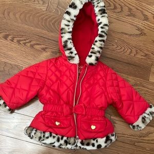 Baby size 9 month red puffer jacket, fleece lined, leopard trim